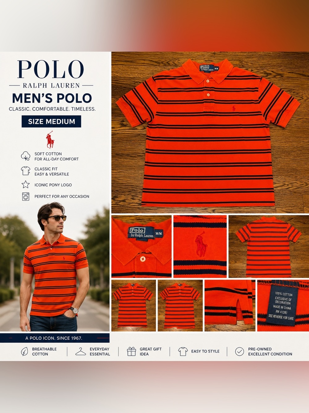 Polo Ralph Lauren Orange & Navy Striped Polo Shirt Men’s Medium Classic Fit